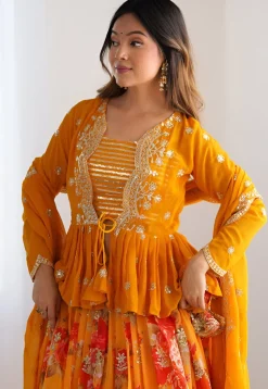 Digital Printed Georgette Lehenga in Yellow