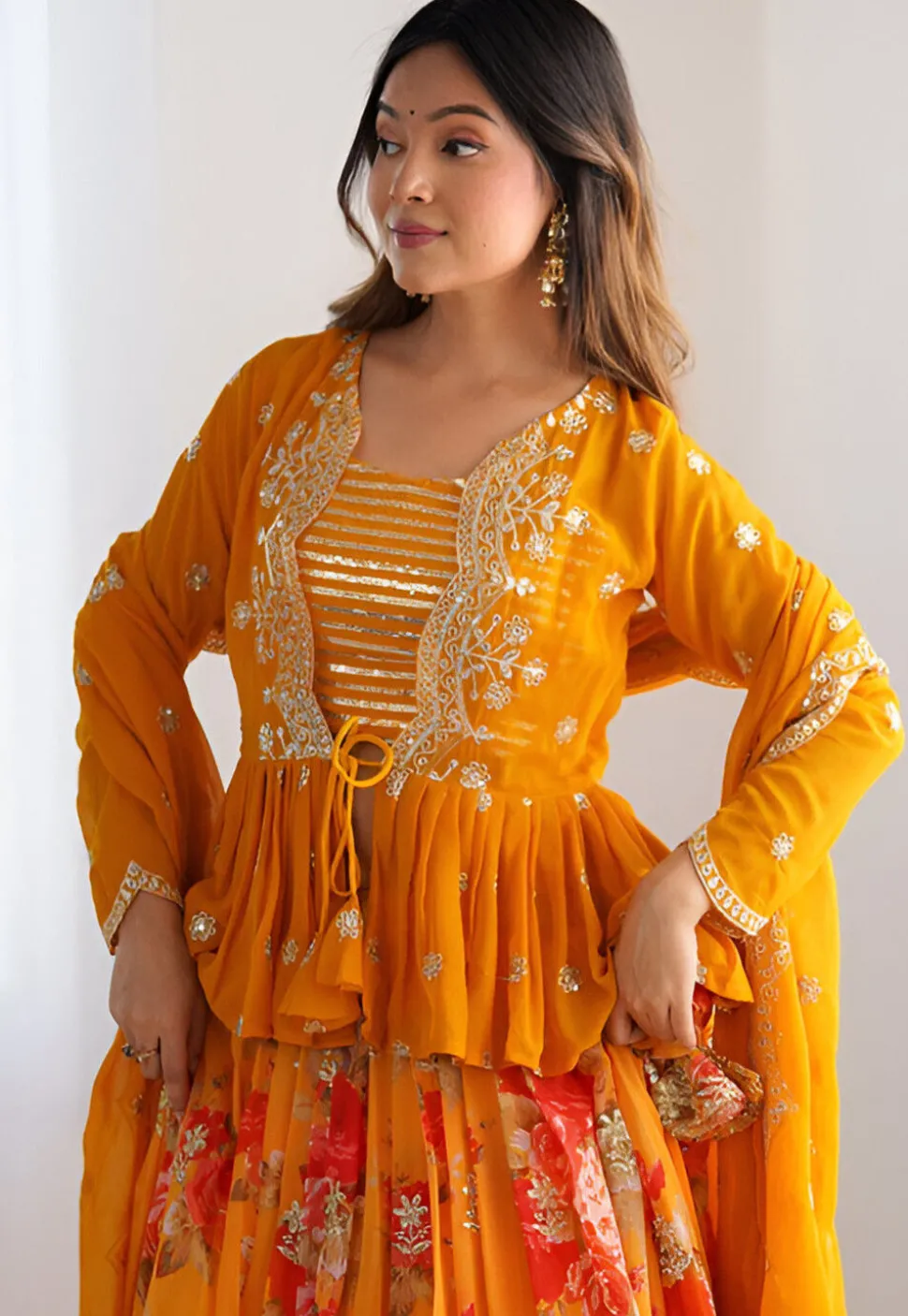 Digital Printed Georgette Lehenga in Yellow