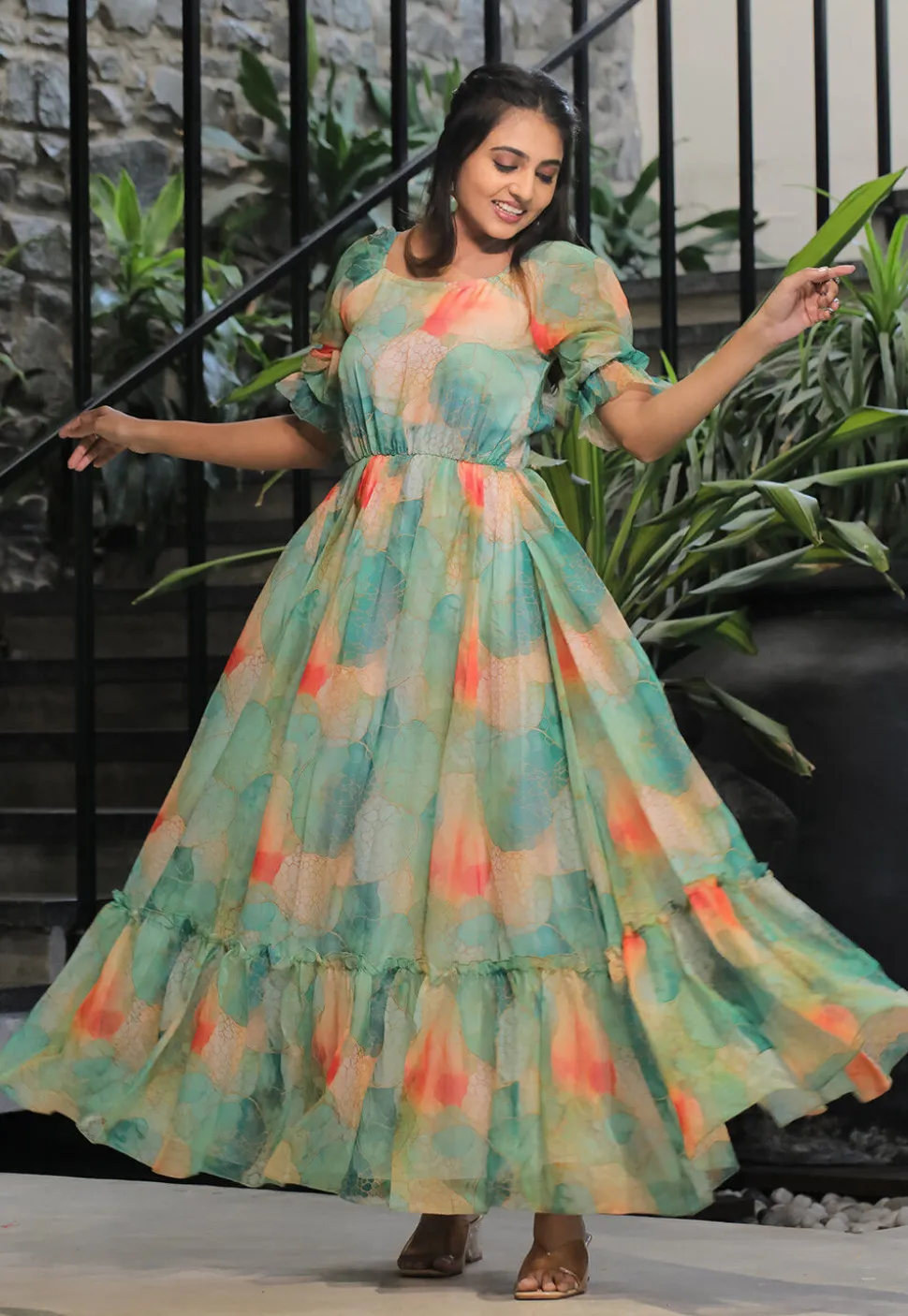 Digital Printed Georgette Gown in Multicolor