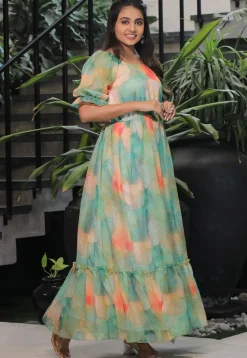 Digital Printed Georgette Gown in Multicolor