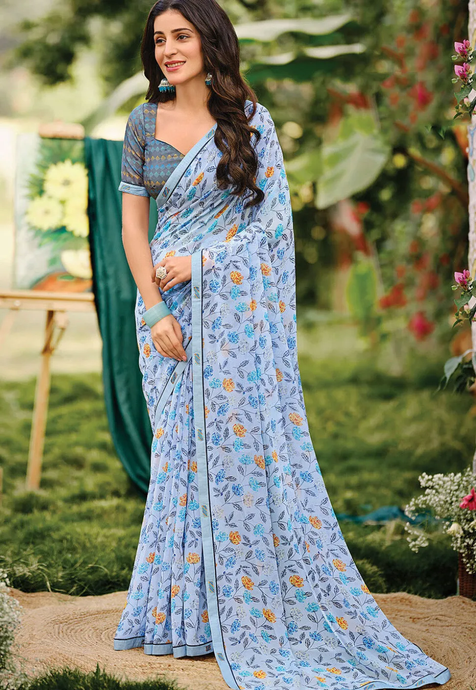 Digital Printed Georgette Saree in Blue