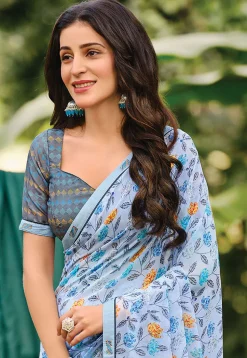 Digital Printed Georgette Saree in Blue