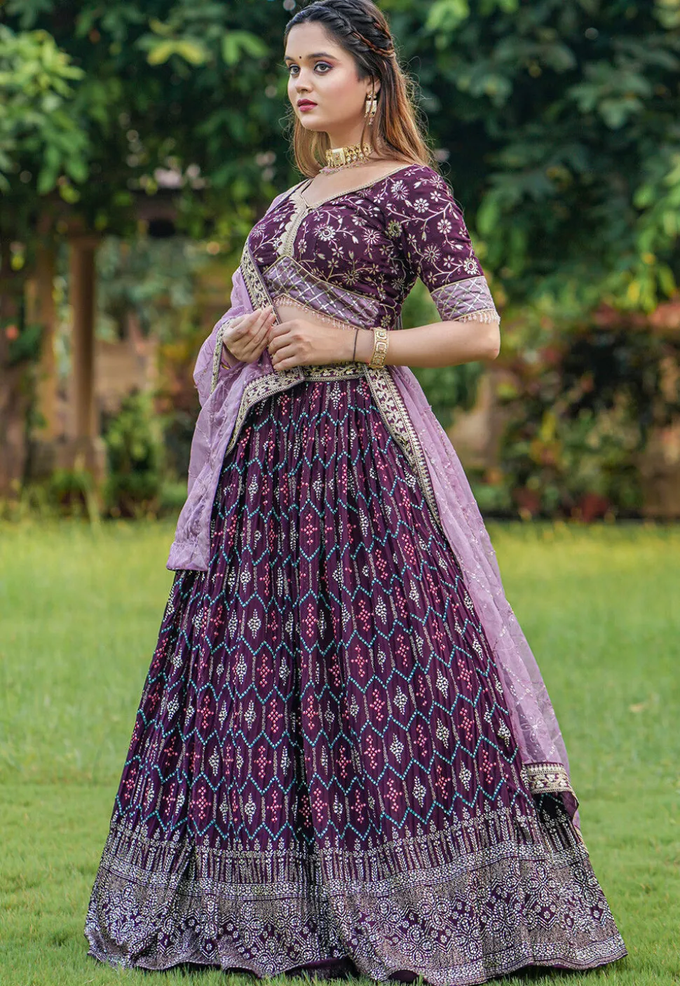 Digital Printed Georgette Lehenga in Purple