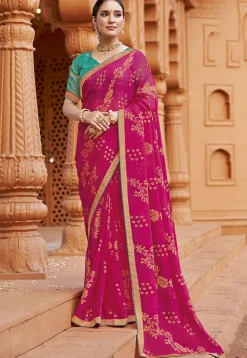Digital Printed Georgette Saree in Fuchsia