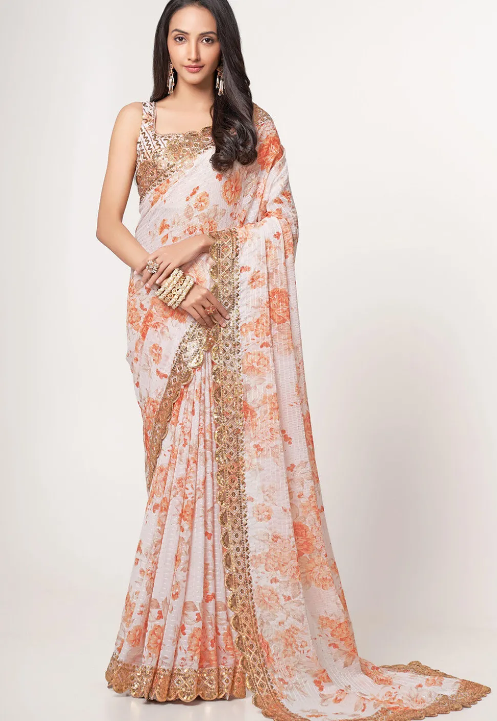 Digital Printed Georgette Scalloped Saree in Off White
