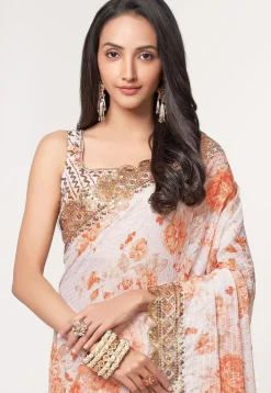 Digital Printed Georgette Scalloped Saree in Off White