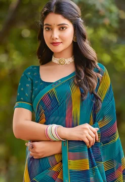 Digital Printed Georgette Saree in Teal Blue