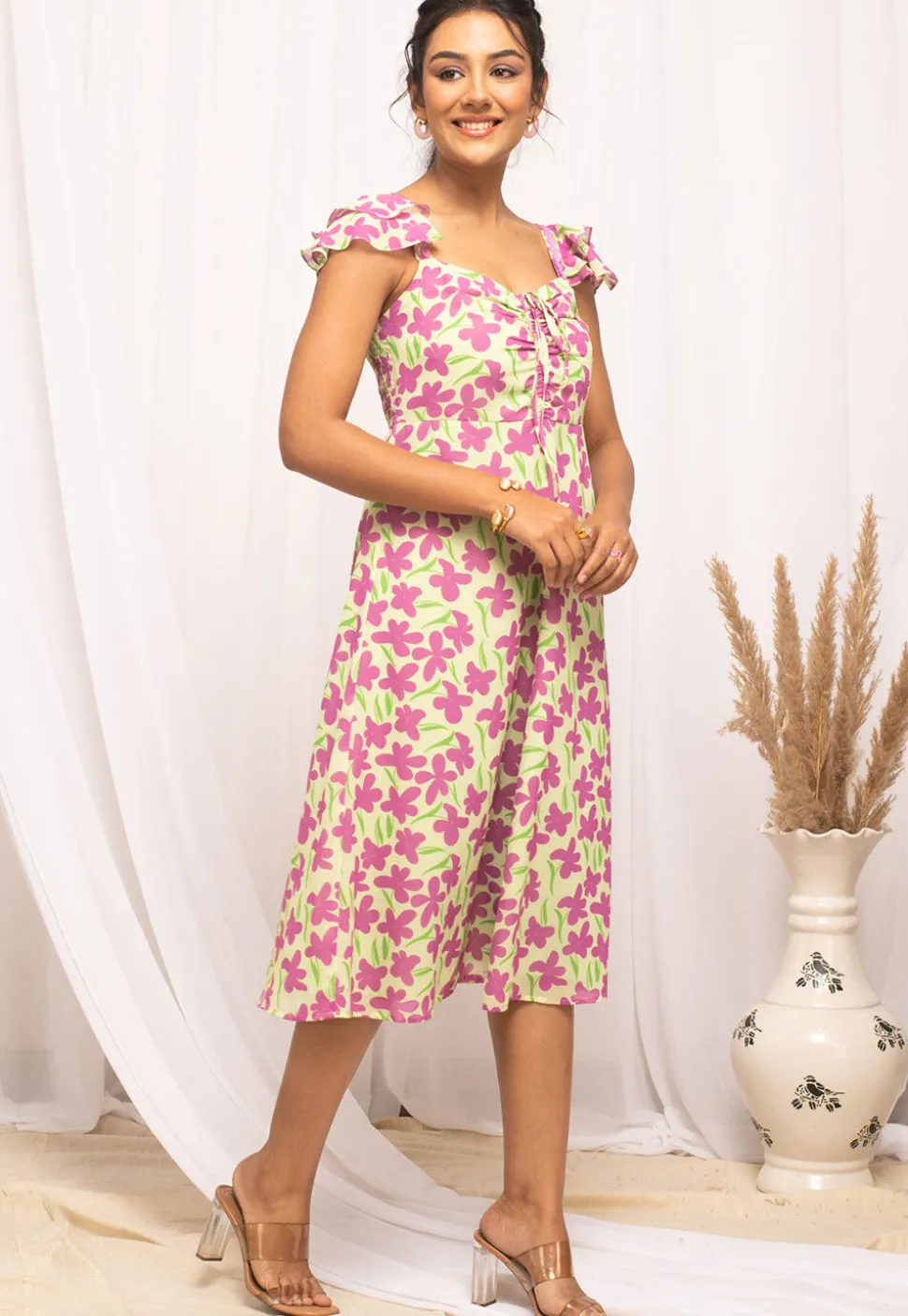 Digital Printed Georgette Midi Dress in Off White