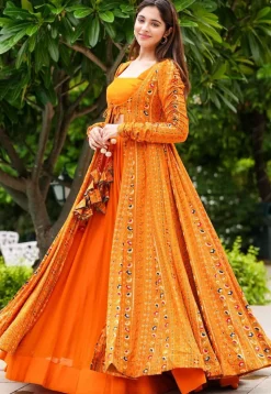 Digital Printed Georgette Crop Top Set in Orange