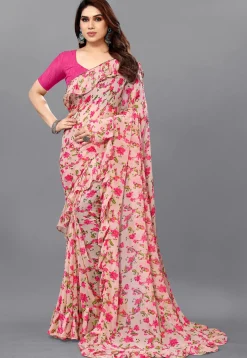 Digital Printed Georgette Saree in Peach