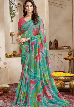 Digital Printed Georgette Saree in Sea Green