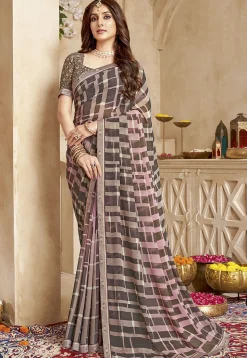 Digital Printed Georgette Saree in Brown