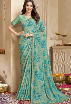 Digital Printed Georgette Saree in Dusty Green