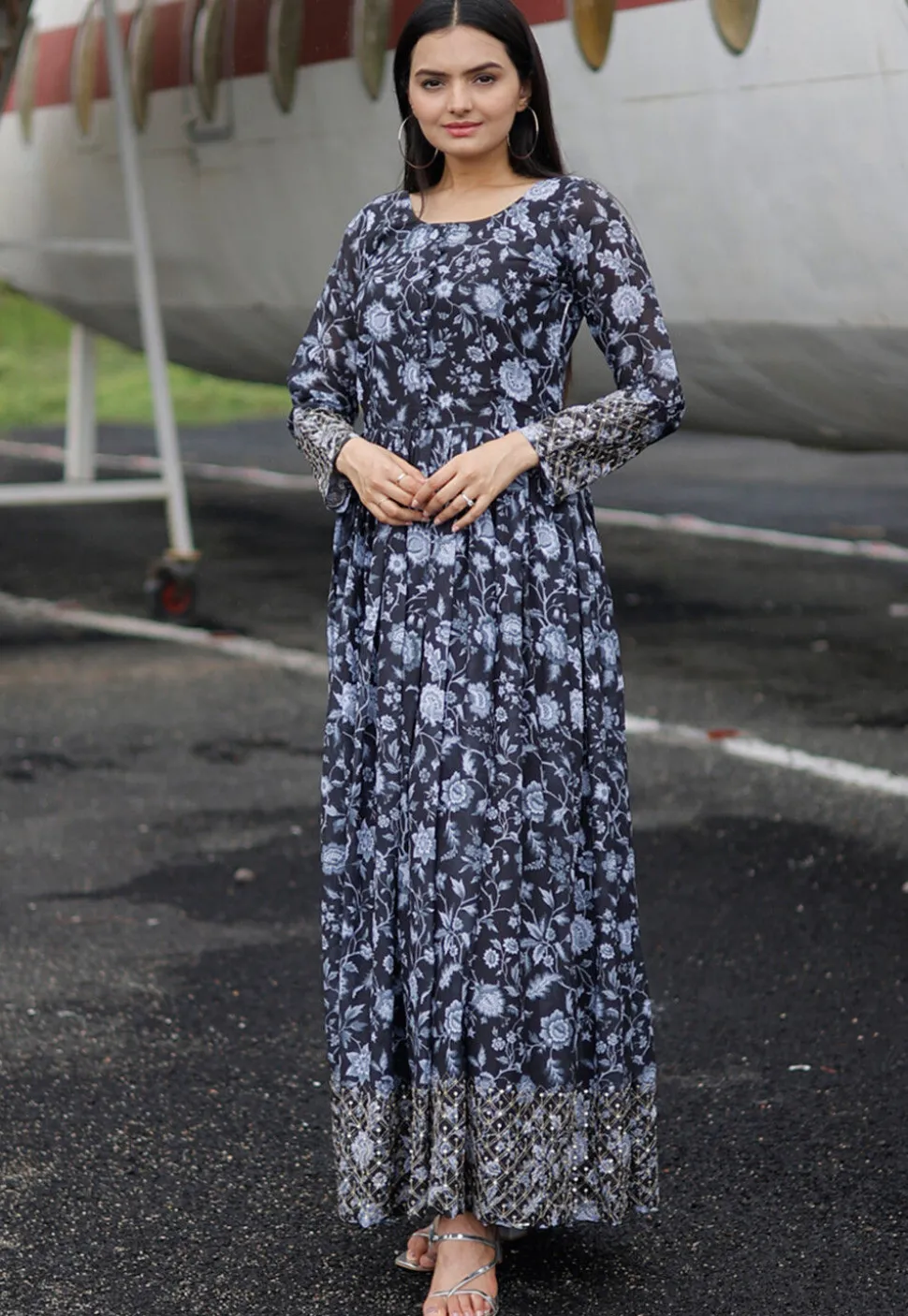 Digital Printed Georgette Gown in Black