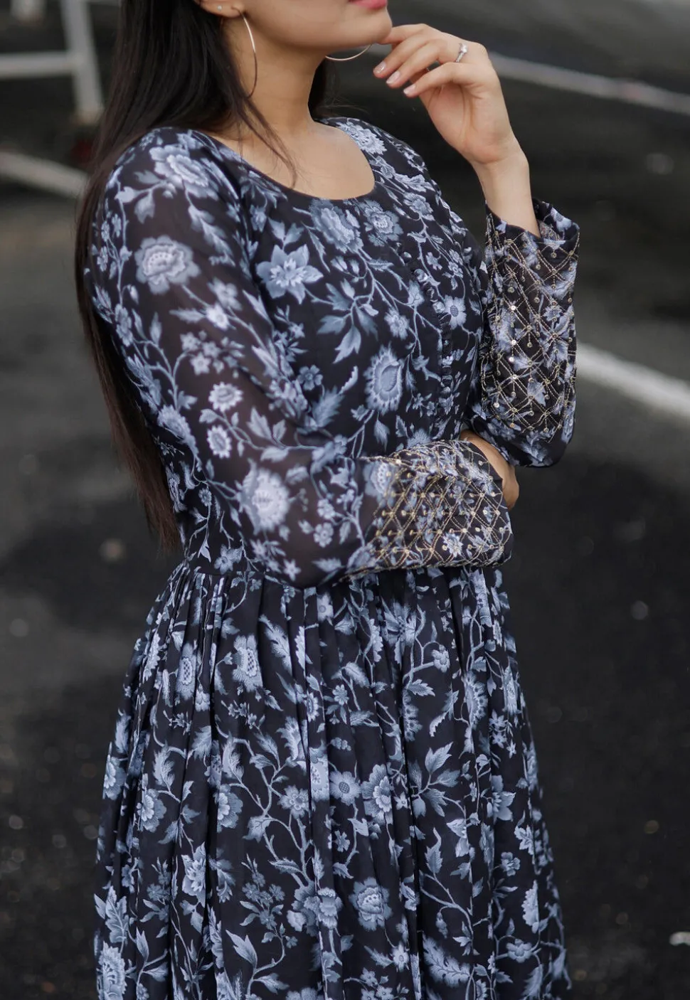 Digital Printed Georgette Gown in Black