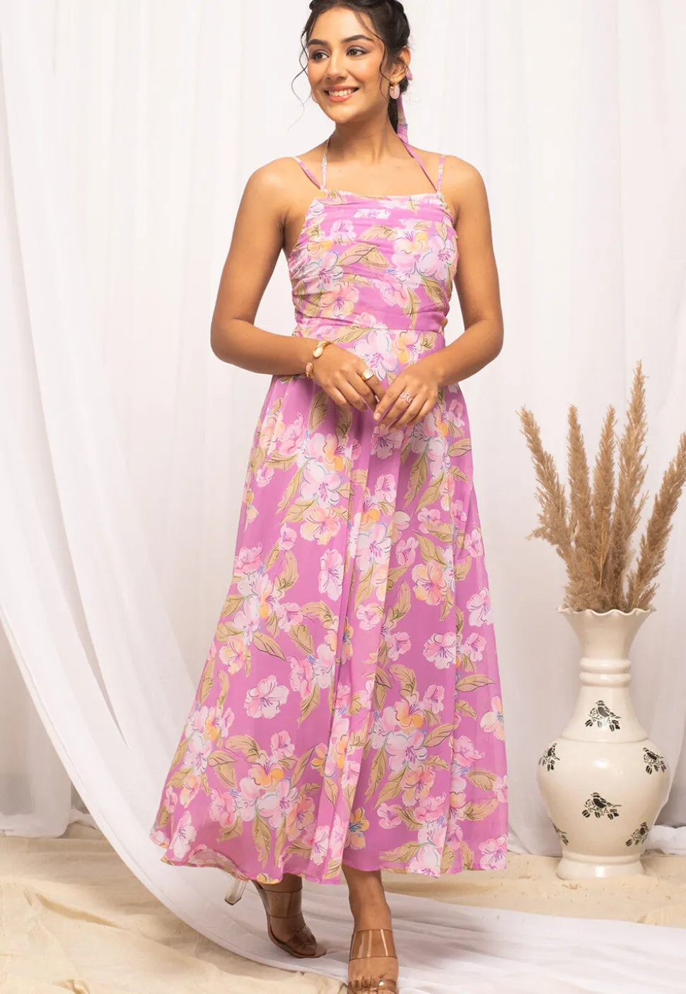 Digital Printed Georgette Maxi Dress in Pink
