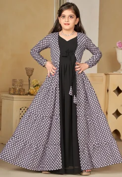 Digital Printed Georgette Gown with Jacket in Black