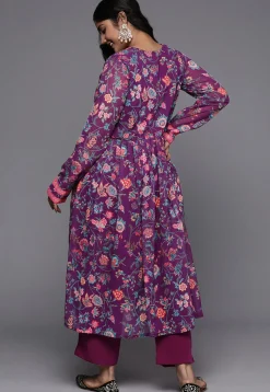 Digital Printed Georgette A Line Kurta Set in Purple