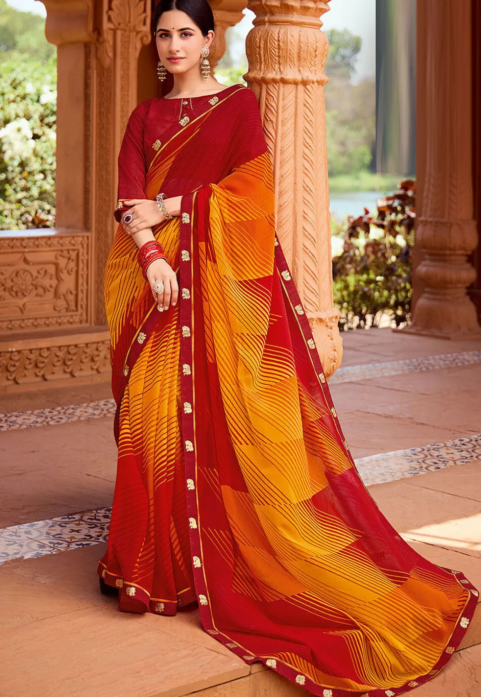 Digital Printed Georgette Saree in Mustard and Maroon
