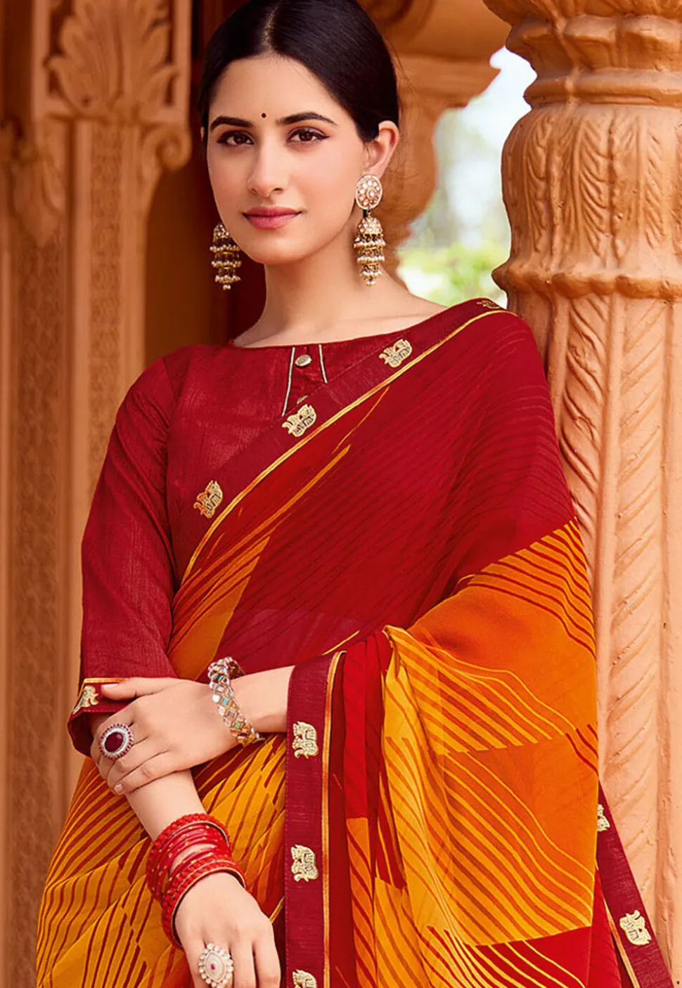 Digital Printed Georgette Saree in Mustard and Maroon