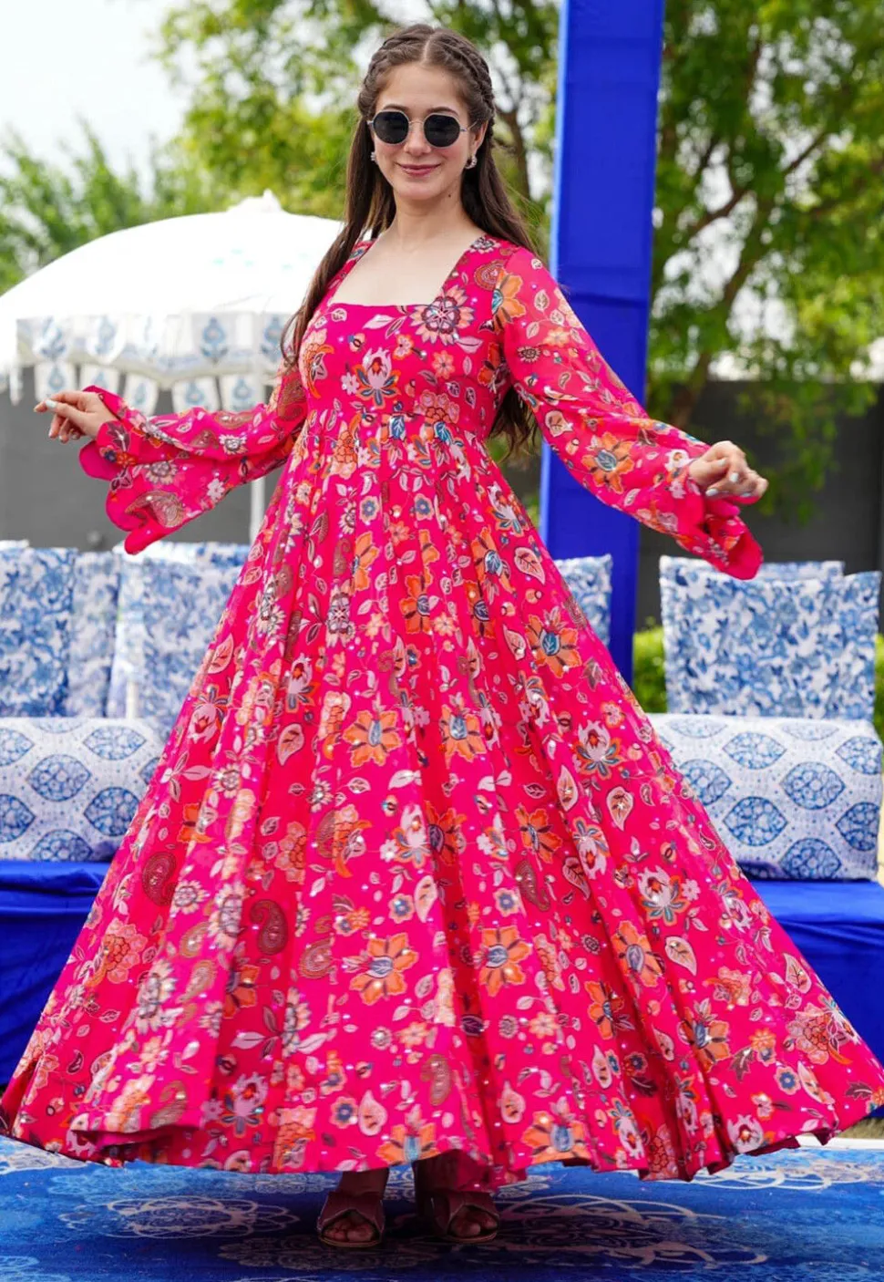 Digital Printed Georgette Gown in Fuchsia