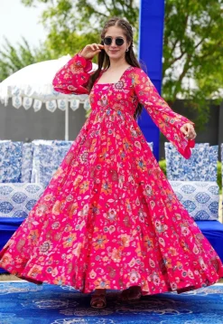 Digital Printed Georgette Gown in Fuchsia