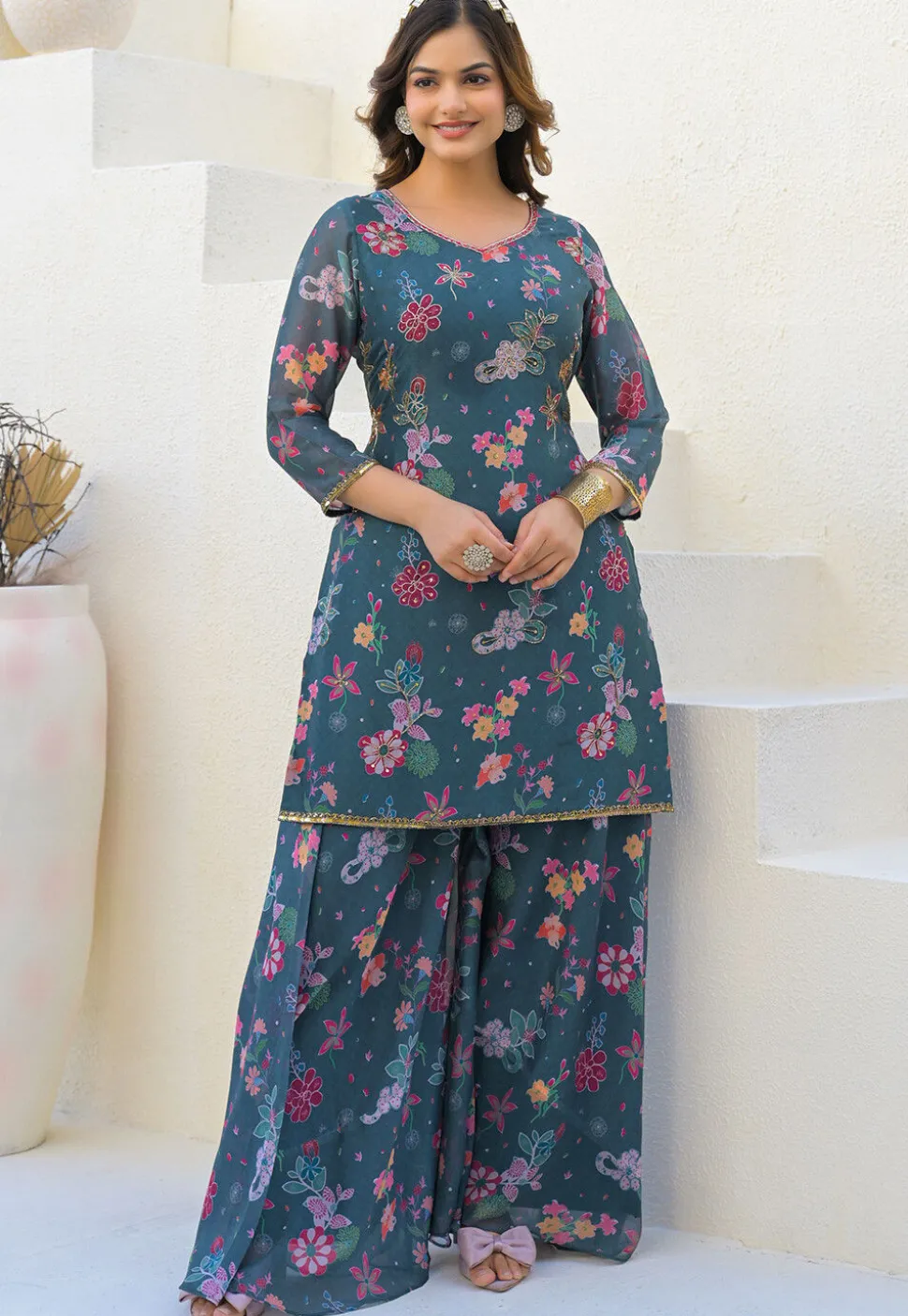 Digital Printed Georgette Pakistani Suit in Teal Blue