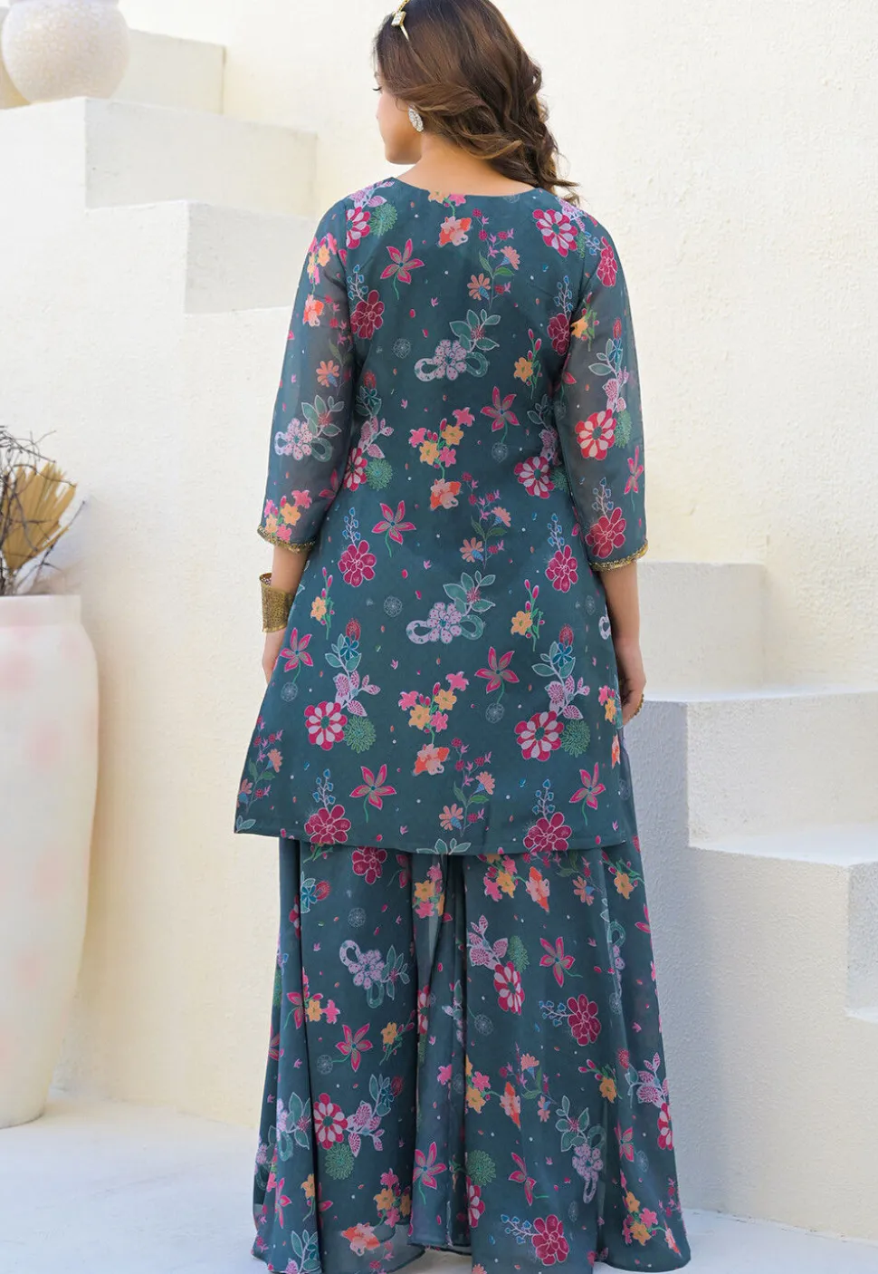 Digital Printed Georgette Pakistani Suit in Teal Blue