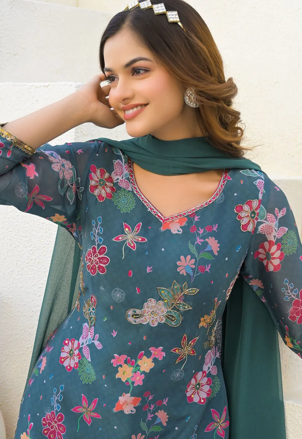 Digital Printed Georgette Pakistani Suit in Teal Blue
