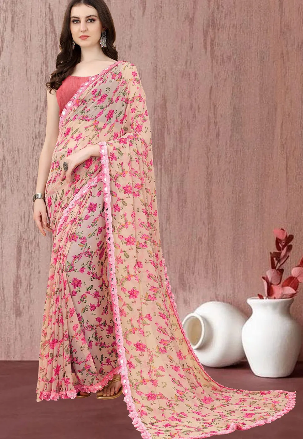 Digital Printed Georgette Saree in Beige