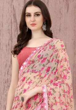 Digital Printed Georgette Saree in Beige