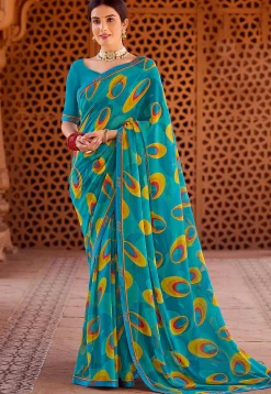Digital Printed Georgette Saree in Blue