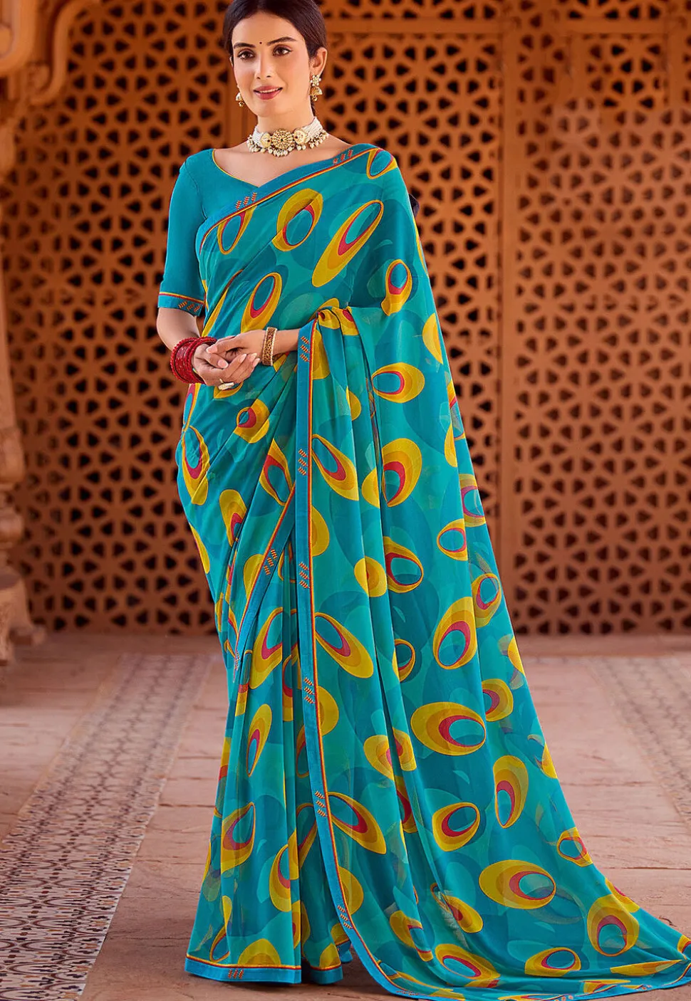 Digital Printed Georgette Saree in Blue