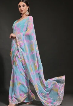 Digital Printed Georgette Scalloped Saree in Blue