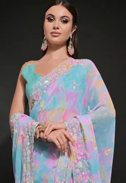 Digital Printed Georgette Scalloped Saree in Blue