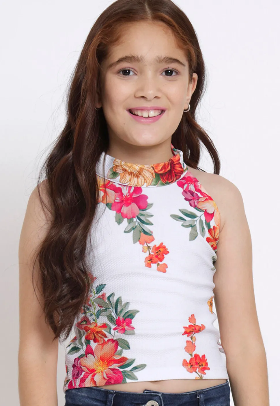 Digital Printed Georgette Lycra (Elastane) Crop Top in White