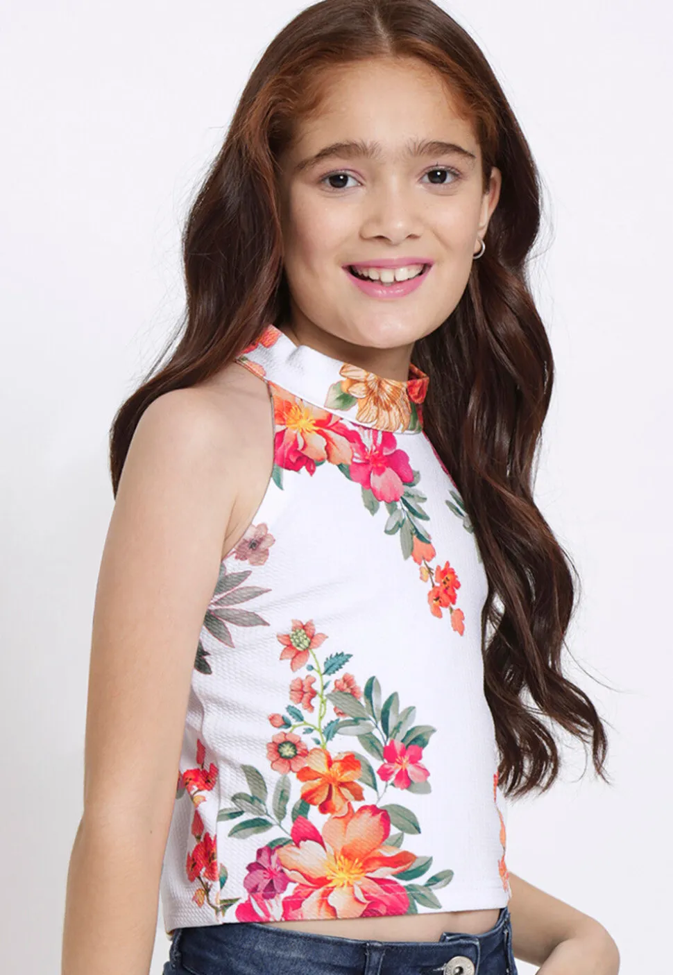 Digital Printed Georgette Lycra (Elastane) Crop Top in White