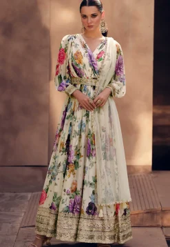 Digital Printed Georgette Abaya Style Kameez in Off White