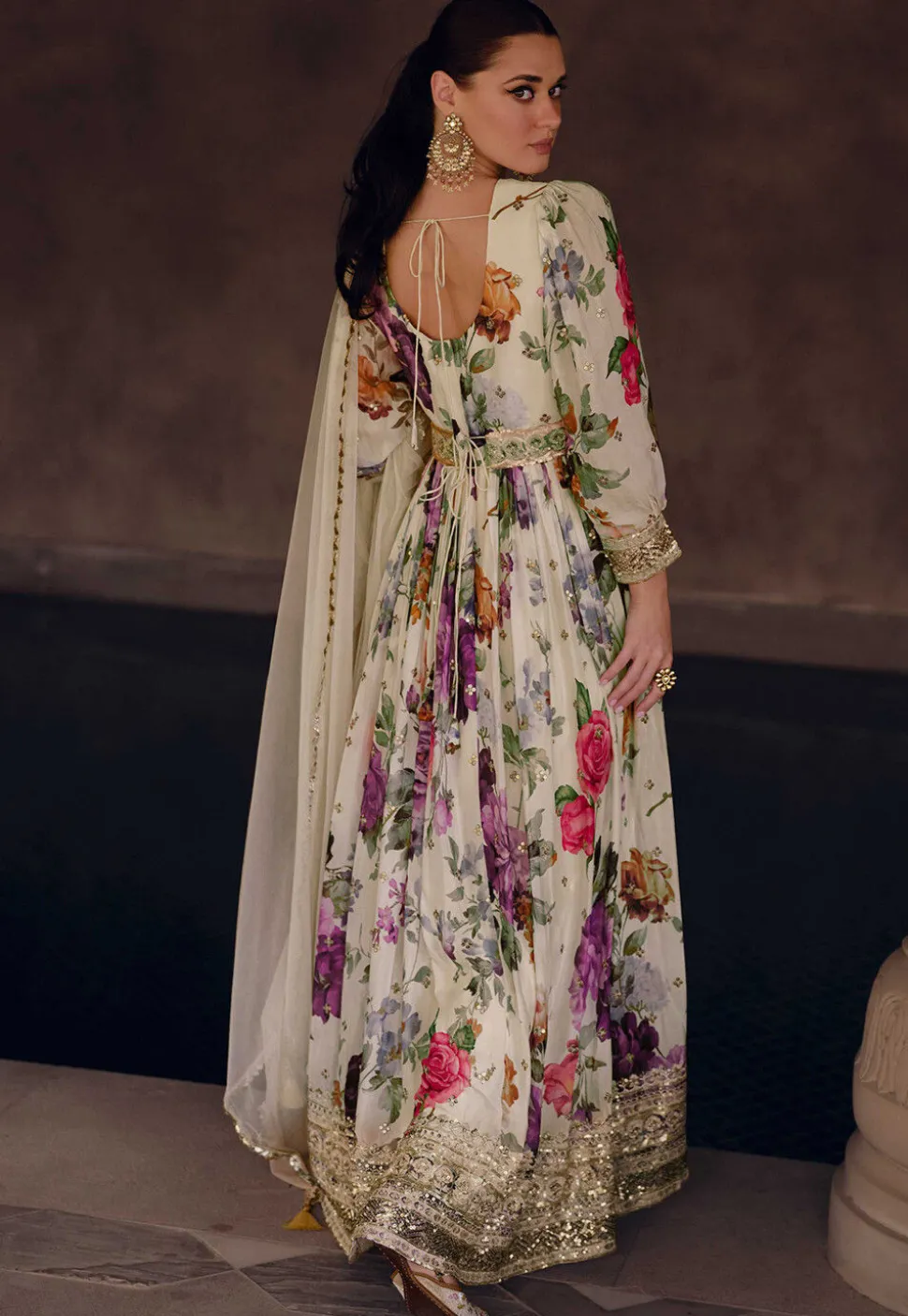 Digital Printed Georgette Abaya Style Kameez in Off White