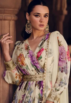 Digital Printed Georgette Abaya Style Kameez in Off White