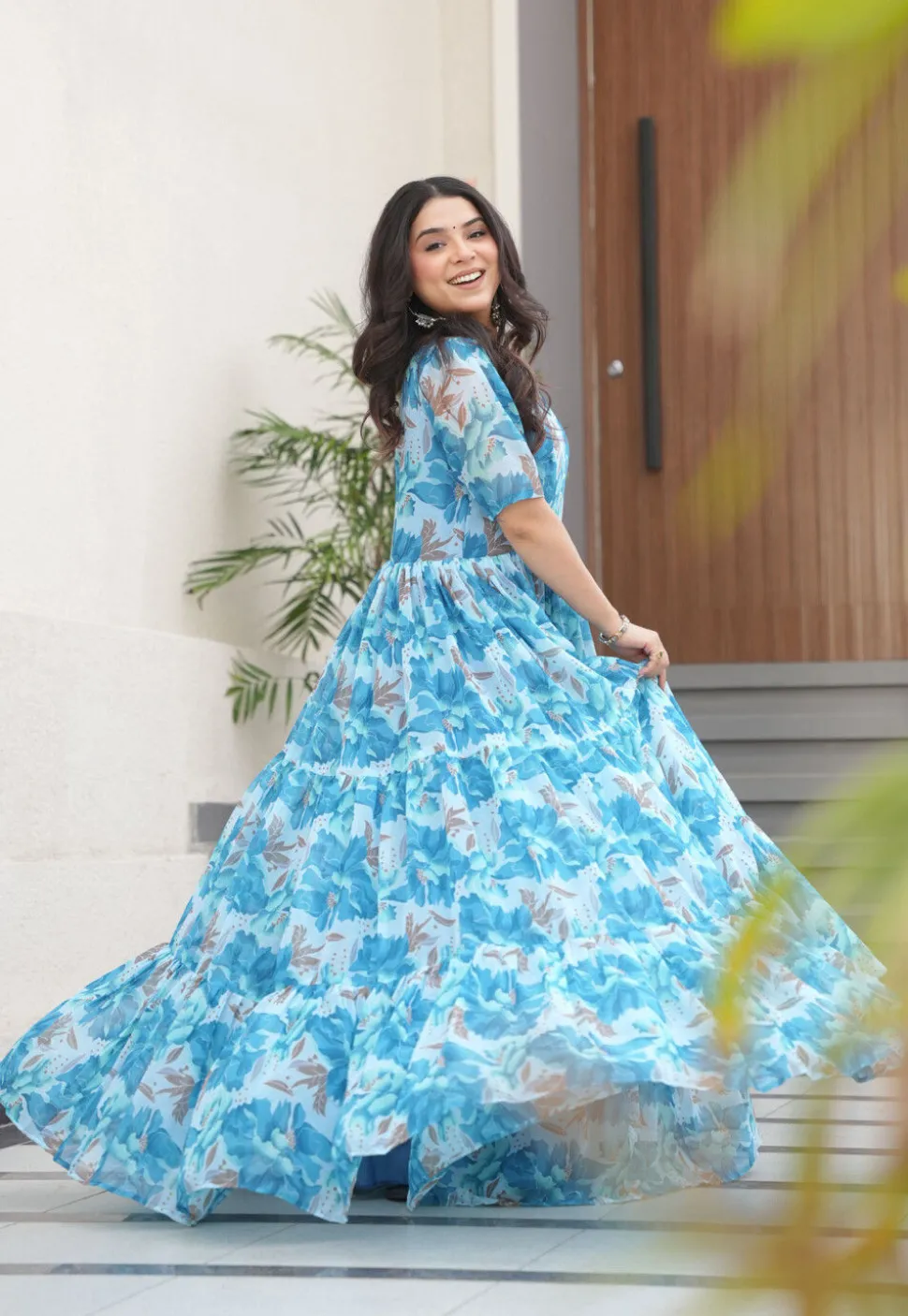 Digital Printed Georgette Tiered Gown in Sky Blue