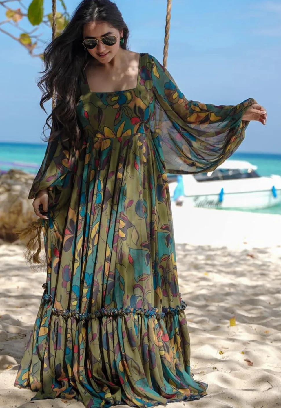 Digital Printed Georgette Gown in Olive Green