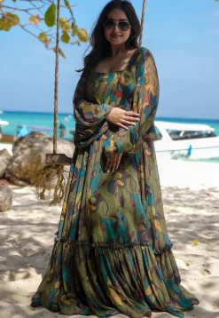 Digital Printed Georgette Gown in Olive Green