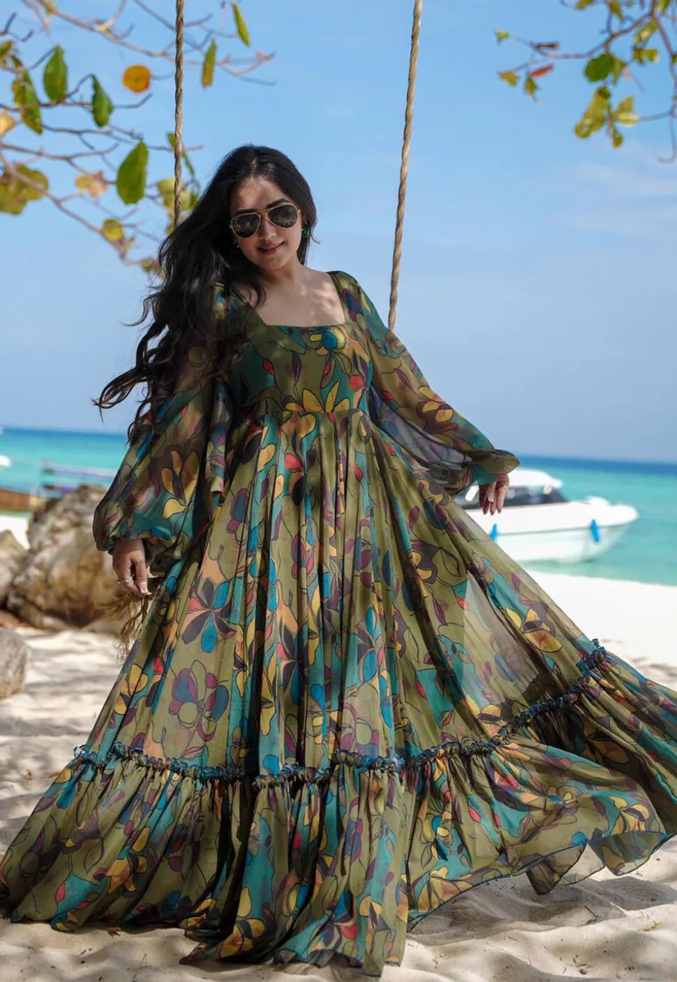 Digital Printed Georgette Gown in Olive Green