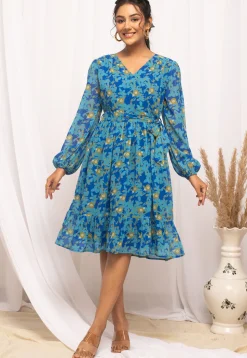 Digital Printed Georgette Short Dress in Blue