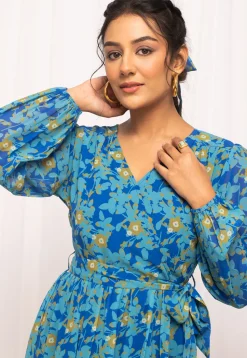 Digital Printed Georgette Short Dress in Blue