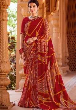 Digital Printed Georgette Saree in Maroon