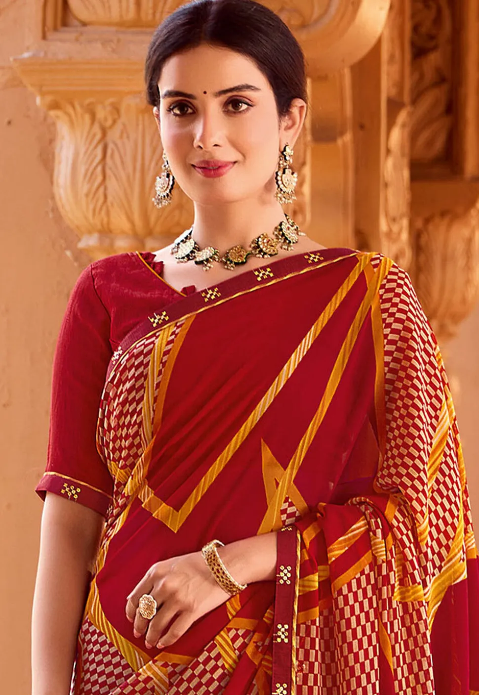 Digital Printed Georgette Saree in Maroon