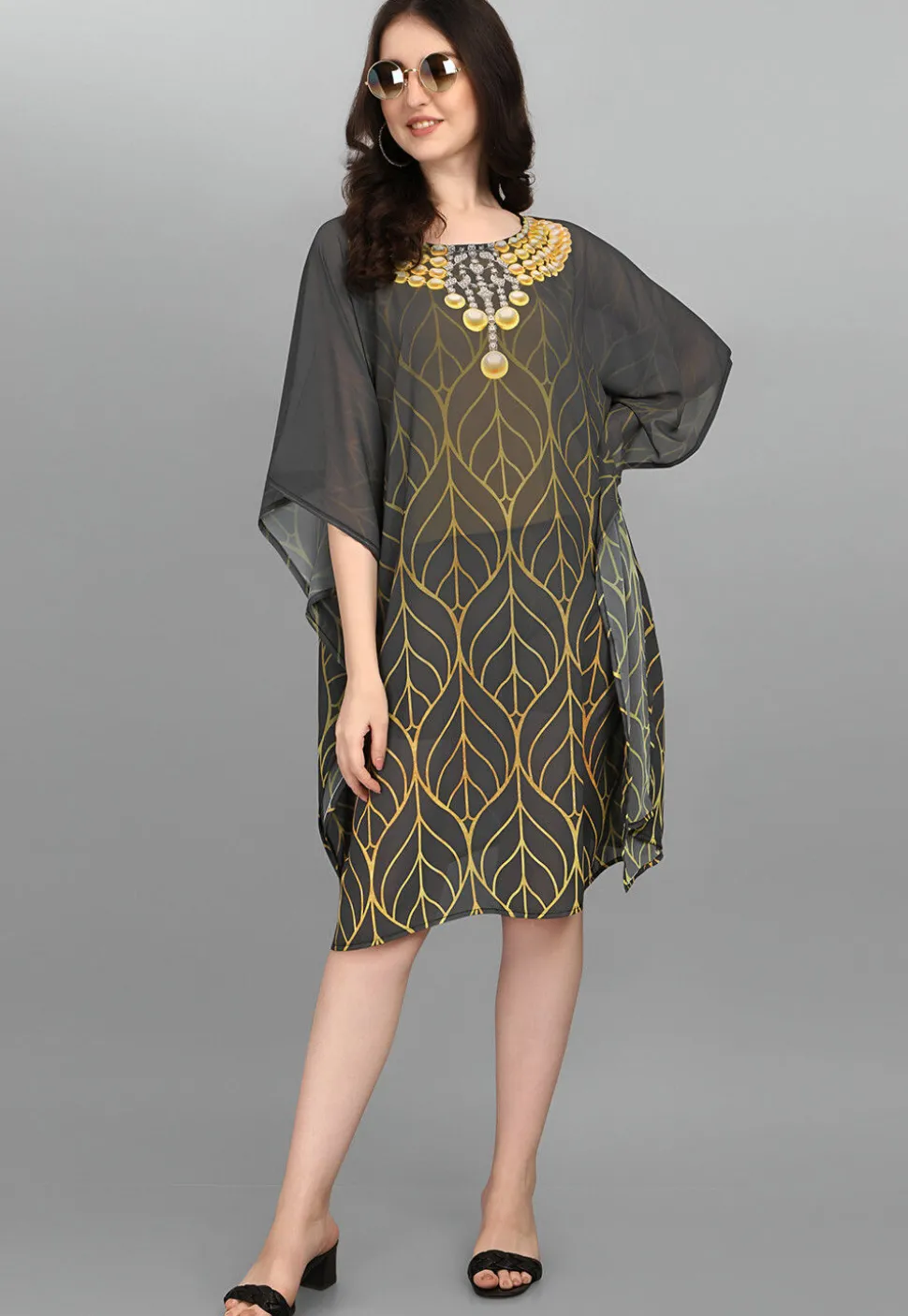 Digital Printed Georgette Kaftan in Grey