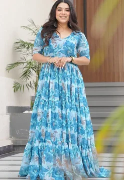Digital Printed Georgette Tiered Gown in Blue